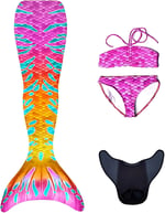 Mermaids Malibu Deniz Kızı Kostümü, 4'lü Takım, Çok Renkli,%80 Polyester,%20 Elastan, 3D Pullu, Monofin Destekli ve Kuyruk Detaylı, Yaş Seçeneği