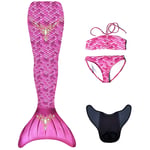 Mermaids Prenses Deniz Kızı Bikini Kostüm Seti, 4'lü Takım, Pembe,%80 Polyester,%20 Elastan, 3D Pullu, Monofin Destekli ve Kuyruk Detaylı, Yaş Seçeneği