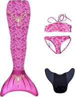 Mermaids Prenses Deniz Kızı Bikini Kostüm Seti, 4'lü Takım, Pembe,%80 Polyester,%20 Elastan, 3D Pullu, Monofin Destekli ve Kuyruk Detaylı, Yaş Seçeneği