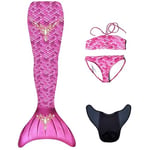 Mermaids Prenses Deniz Kızı Bikini Kostüm Seti, 4'lü Takım, Pembe,%80 Polyester,%20 Elastan, 3D Pullu, Monofin Destekli ve Kuyruk Detaylı, Yaş Seçeneği