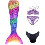 Mermaids Rainbow Deniz Kızı Kostümü, 4'lü Set, Bikini ve Kuyruk, Gökkuşağı Renkli, Kız Çocuk,%80 Polyester,%20 Elastan, 3D Parlak Pullu, Yaş Seçeneği