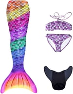 Mermaids Rainbow Deniz Kızı Kostümü, 4'lü Set, Bikini ve Kuyruk, Gökkuşağı Renkli, Kız Çocuk,%80 Polyester,%20 Elastan, 3D Parlak Pullu, Yaş Seçeneği