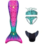 Mermaids Star Deniz Kızı Bikini Kostüm Seti, 4'lü Takım, Çok Renkli,%80 Polyester,%20 Elastan, 3D Pullu, Monofin Destekli, Yaş Seçeneği