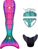 Mermaids Star Deniz Kızı Bikini Kostüm Seti, 4'lü Takım, Çok Renkli,%80 Polyester,%20 Elastan, 3D Pullu, Monofin Destekli, Yaş Seçeneği