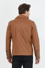 Mero Life Erkek Sarı Renk Yeni Sezon Çapraz Fermuarlı Deri Ceket Mont S-1 Mero-553NM