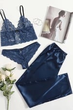 Merry See Dantel Sütyen Külot Saten Pijama Alt 3 lü Takım