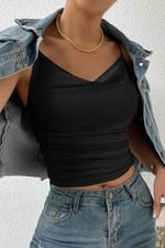 Merry See Kadın Kolsuz Askılı Degaje Yaka Bluz Crop