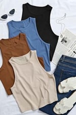 Merry See Tek Renk 1 Adet Kadın Kolsuz Örme Kumaş Bluz Crop
