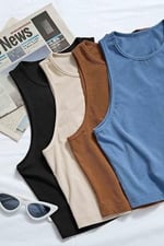 Merry See Tek Renk 1 Adet Kadın Kolsuz Örme Kumaş Bluz Crop