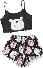 Merry See Uyuyan Ayıcık Basklı Ultrasoft Askılı Sortlu Pijama Takımı