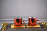 Metalik Kırmızı Kahve Fincanı Seti 4 parça – 2’li Paslanmaz İç Yüzeyli Espresso & Türk Kahvesi Fincanı- Kupası, 2 adet Ahşap Altlıklı Şık Tasarım, Hediye Seti-Yeni yıl- Anneler günü