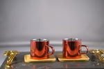 Metalik Kırmızı Kahve Fincanı Seti 4 parça – 2’li Paslanmaz İç Yüzeyli Espresso & Türk Kahvesi Fincanı- Kupası, 2 adet Ahşap Altlıklı Şık Tasarım, Hediye Seti-Yeni yıl- Anneler günü