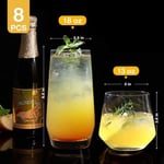 Mfacoy İçecek Bardağı Seti 8-4 Uzun Cam Bardak 500 ml ve 4 Kısa Sapsız Şarap Kadehi 368 ml, Highball Bardakları, Kokteyl, Bira, Şarap, Viski, Su ve Meyve Suyu İçecekleri için Cam Setleri