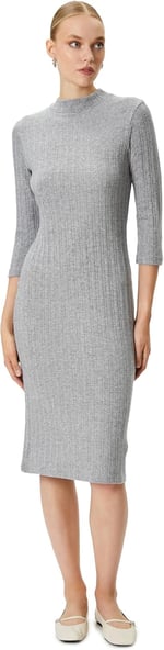 Midi Triko Elbise Yarım Kollu Bisiklet Yaka Slim Fit
