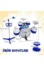 Mikrofonlu Işıklı Sesli Bateri Seti - Piyanolu Tabureli & Bagetli Eğitici Çocuk Bateri Takımı - Mavi