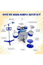 Mikrofonlu Işıklı Sesli Bateri Seti - Piyanolu Tabureli & Bagetli Eğitici Çocuk Bateri Takımı - Mavi