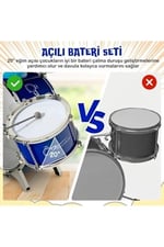 Mikrofonlu Işıklı Sesli Bateri Seti - Piyanolu Tabureli & Bagetli Eğitici Çocuk Bateri Takımı - Mavi