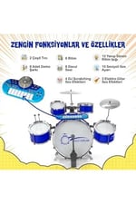Mikrofonlu Işıklı Sesli Bateri Seti - Piyanolu Tabureli & Bagetli Eğitici Çocuk Bateri Takımı - Mavi