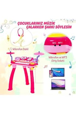 Mikrofonlu Işıklı Sesli Çocuk Oyuncak Piyano Davul Seti - Tabureli 24 Tuşlu Eğitici Müzik Aleti