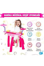 Mikrofonlu Işıklı Sesli Çocuk Oyuncak Piyano Davul Seti - Tabureli 24 Tuşlu Eğitici Müzik Aleti