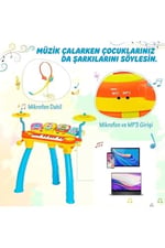 Mikrofonlu Işıklı Sesli Çocuk Oyuncak Piyano Davul Seti - Tabureli 24 Tuşlu Eğitici Müzik Aleti