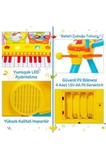 Mikrofonlu Işıklı Sesli Çocuk Oyuncak Piyano Davul Seti - Tabureli 24 Tuşlu Eğitici Müzik Aleti