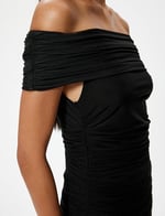 Mini Omzu Açık Abiye Elbise Drapeli Madonna Yaka Slim Fit