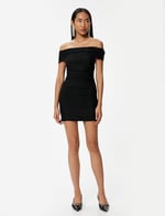 Mini Omzu Açık Abiye Elbise Drapeli Madonna Yaka Slim Fit