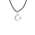Minimal Ay Yıldız Deri ip Kolye - Gümüş Kaplama - Kadın Erkek Kolye - No:1003