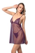 Miorre İnce Askılı Güpürlü Taşlı Tül Babydoll Takım