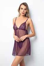 Miorre İnce Askılı Güpürlü Taşlı Tül Babydoll Takım