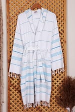 Mira Home Kapşonlu Unisex Beyaz Çizgili Banyo Deniz Plaj Peştemal Bornozu%100 Pamuklu L Mavi
