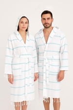 Mira Home Kapşonlu Unisex Beyaz Çizgili Banyo Deniz Plaj Peştemal Bornozu%100 Pamuklu L Mavi