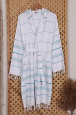Mira Home Kapşonlu Unisex Beyaz Çizgili Banyo Deniz Plaj Peştemal Bornozu%100 Pamuklu L Mavi