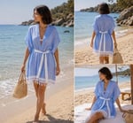 MİSSİ Beyaz Kuşaklı Mavi Pamuk Peştemal Kimono