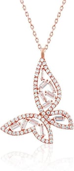 MM Madam&Matmazel Kadın Modası Kolyeleri, Kelebek Gümüş Kolye, Rodyum Kaplama, Baget Zirkon (CZ), 925 Ayar Gümüş,Butterfly (Pembe Altın)