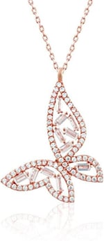 MM Madam&Matmazel Kadın Modası Kolyeleri, Kelebek Gümüş Kolye, Rodyum Kaplama, Baget Zirkon (CZ), 925 Ayar Gümüş,Butterfly (Pembe Altın)