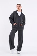 MMETALIC Kadın Normal Kalıp Basic Beli Lastikli Kapüşonlu Oversize Mevsimlik Alt Üst Eşofman Takımı