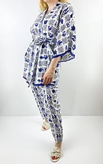 Modaonna Deniz Desenli Keten Kimono Pantolon Takım