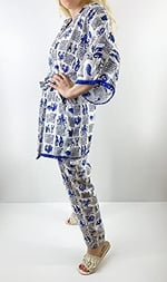 Modaonna Deniz Desenli Keten Kimono Pantolon Takım