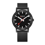 Mondaine - Essence - Herrenuhr 41mm - Bahnhofsuhr in Schwarz schwarzem Armband aus recycelten Rohstoffen - 30m Wasserdicht nachhaltig - Mehrere Varianten - Hergestellt in der Schweiz