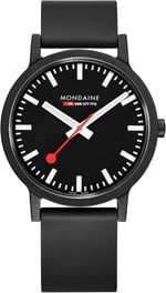 Mondaine - Essence - Herrenuhr 41mm - Bahnhofsuhr in Schwarz schwarzem Armband aus recycelten Rohstoffen - 30m Wasserdicht nachhaltig - Mehrere Varianten - Hergestellt in der Schweiz
