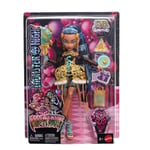 Monster High Altın rengi parti elbisesi giyen Cleo De Nile bebek ve davetiye, balon, hediye ve ruj gibi temaya uygun aksesuarlar, JBG76