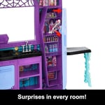 Monster High Buh-tique Hotel oyuncak bebek evi, katlanabilir oyun seti, her odada korkutucu sürprizler ve mobilya ve aksesuarlar dahil 13'ten fazla oyun parçası, JBF16