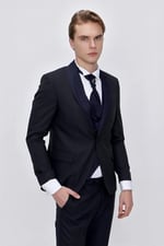 Morven Erkek Lacivert Santos Çıkma Yaka Slim Fit Damatlık