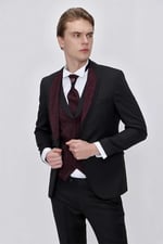Morven Erkek Siyah Santos Çıkma Yaka Slim Fit Damatlık