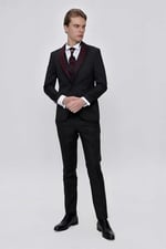 Morven Erkek Siyah Santos Çıkma Yaka Slim Fit Damatlık