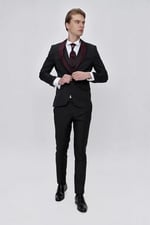 Morven Erkek Siyah Santos Çıkma Yaka Slim Fit Damatlık