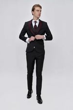 Morven Erkek Siyah Santos Çıkma Yaka Slim Fit Damatlık