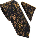 Motif Desenli Siyah Gold Kravat & Mendil